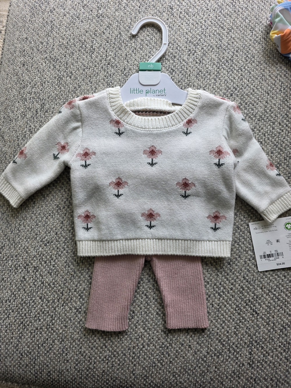 Carter's Cream Floral Knit Sweater with Pink Leggings